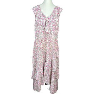 Eloquii Womens Pink Floral Ruffle V-Neck Asymmetrical Midi Dress Size 16 White